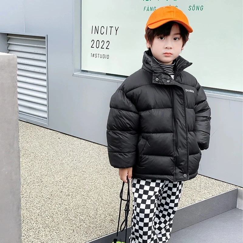 

Girls Winter Warm Thickened Down Coat Boys Solid Color Letter Standing Collar Outerwear Kids Autumn New Casual Fashion Jacket