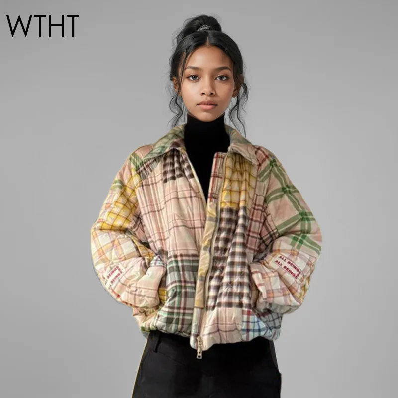 WTHT Mode Damen Farbverlauf Bunte Plaid Steppmantel 2024 Winter Trendy Revers Lange Ärmel Warme Jacke Weiblich 1LS455