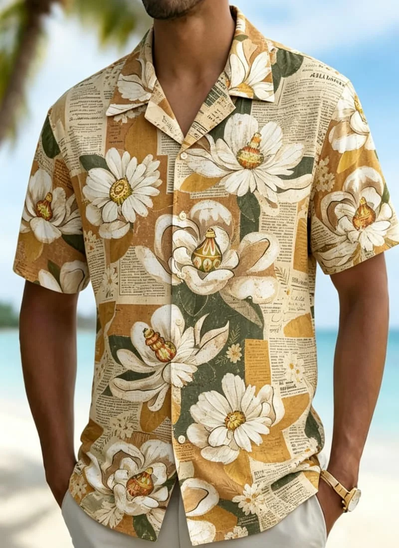 Men's fresh tropical floral print Hawaiian shirt, suitable for summer office, commuting, daily dressing and vacation