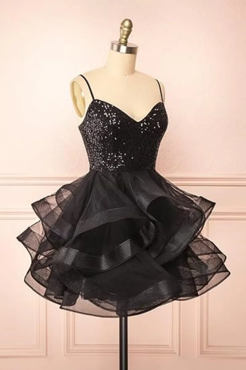 

Tulle Homecoming Dresses for Teens Spaghetti Strap Sequin Short Prom Dresses Tiered Cocktail Mini Dress