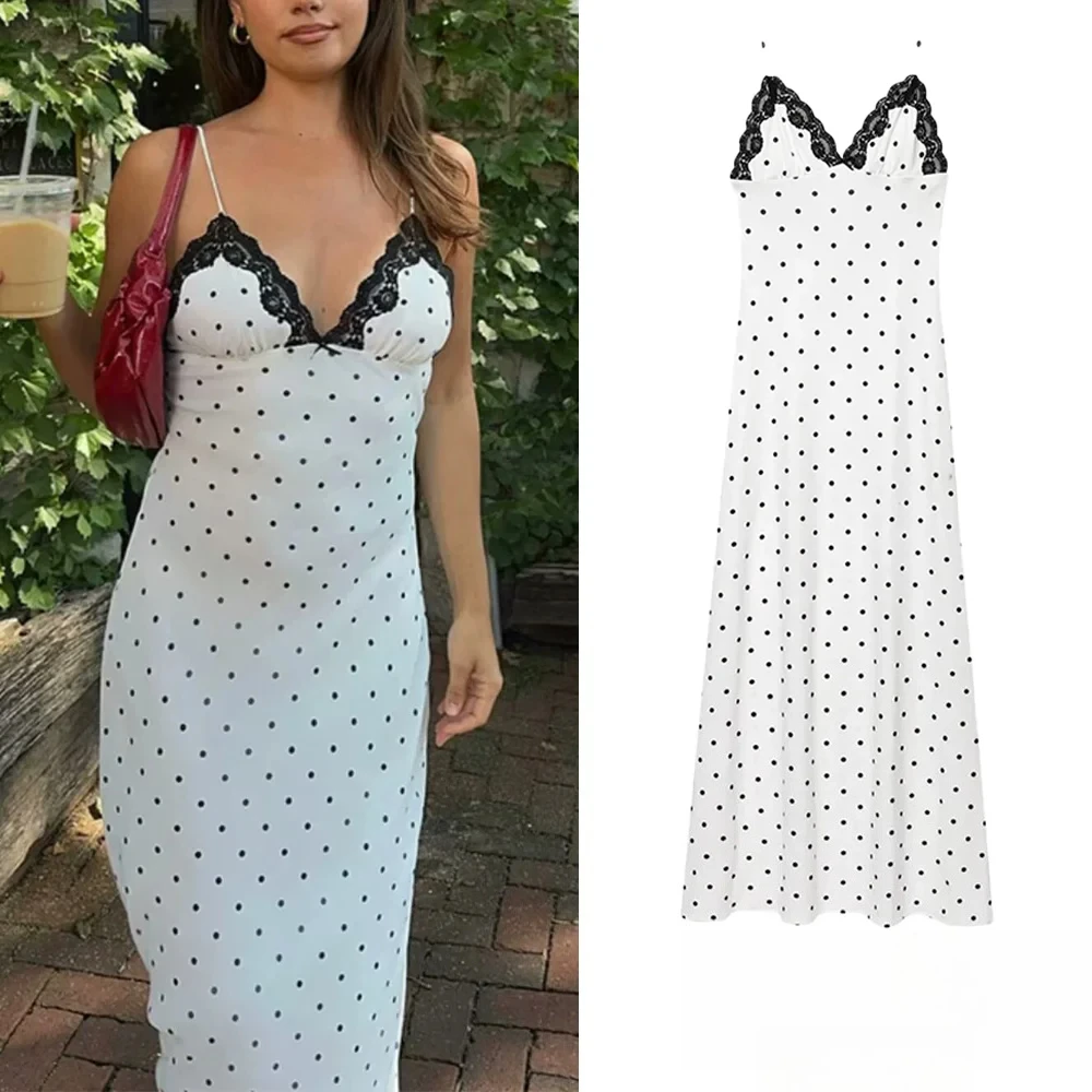 KONDALA Elegante Chic Retro Abito a Pois da Donna in Pizzo con Scollo a V Lungo Cami Dress Nuova Moda Estate Casual Party Data Mujer Dress