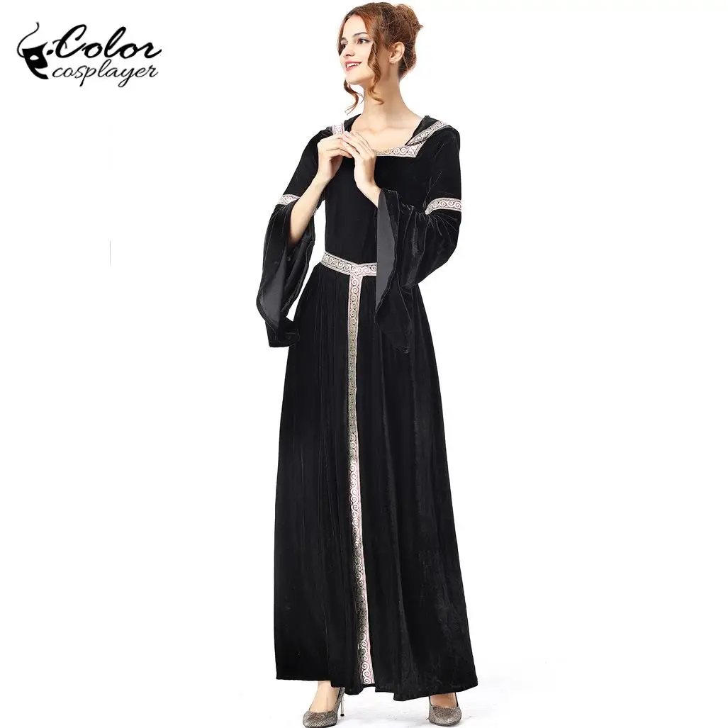 Color Cosplayer Medieval Hooded Dress Gothic Black Long Sleeve Dress Witch Cosplay Costume Halloween Carnival Disguising Clothes