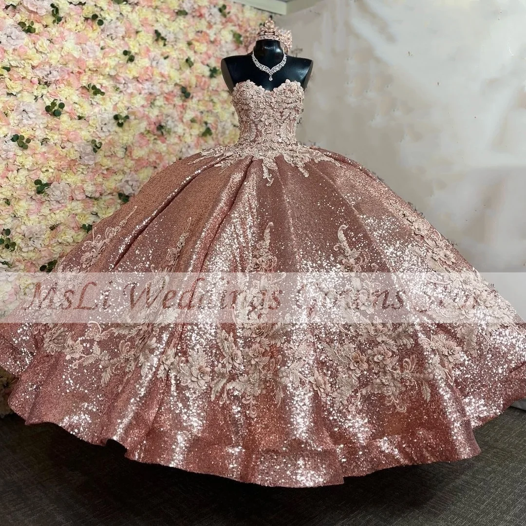 

Блестящие Розовые платья для Quinceanera с цветочной аппликацией и блестками, корсет, бальные платья, платье для дня рождения, выпускного вечера, 15 x видео, 16 лет