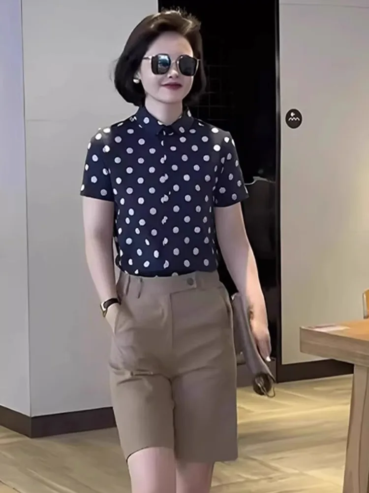 Chique Polka Dot Design Zomer Pendelen Sle Dames irt ort Sve Slim Fit Koreaanse versie Recht gesneden blouse met knopen