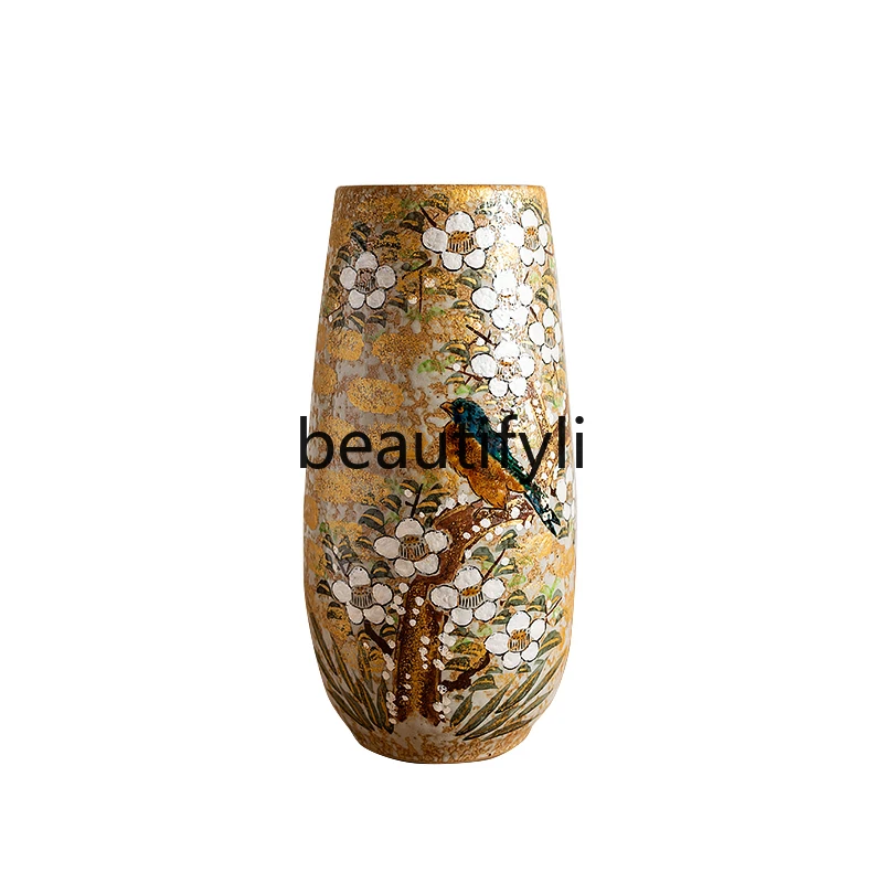 Burning gold color flower and bird pastoral Japanese ceramic vase flower insert living room ornament