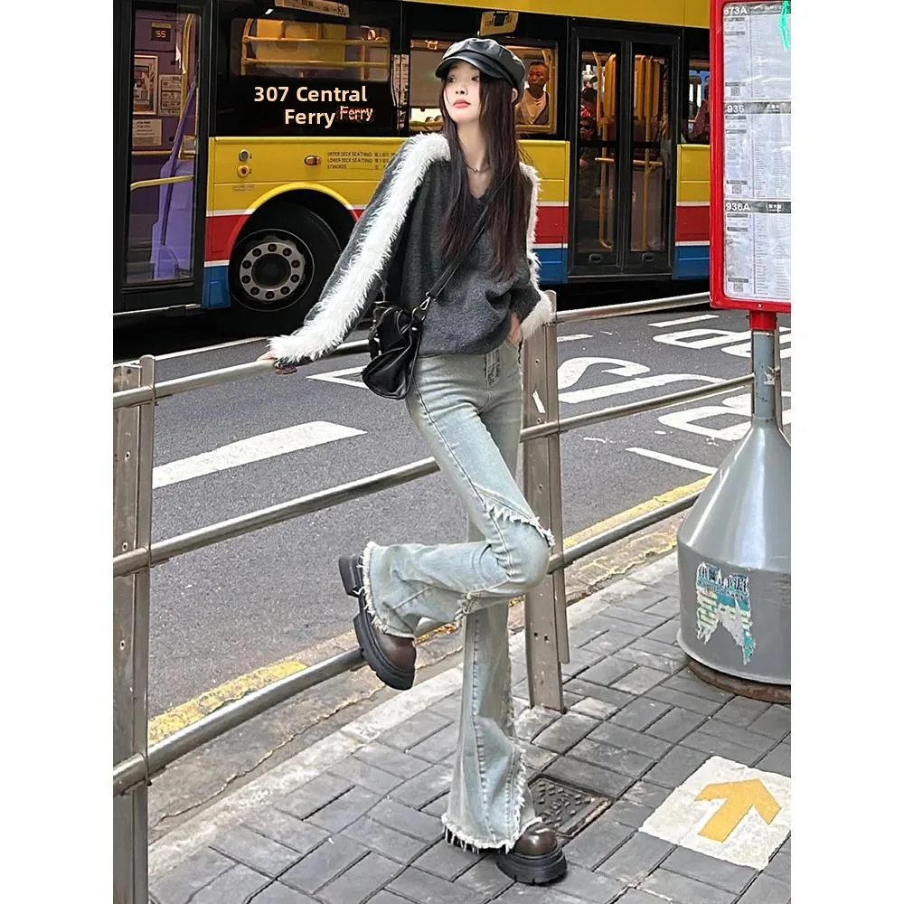 

Fce Lined High Waist Bell Bot Denim Jeans Women's Vintage Frayed Slimming Long Pants Casual Sle No Brand