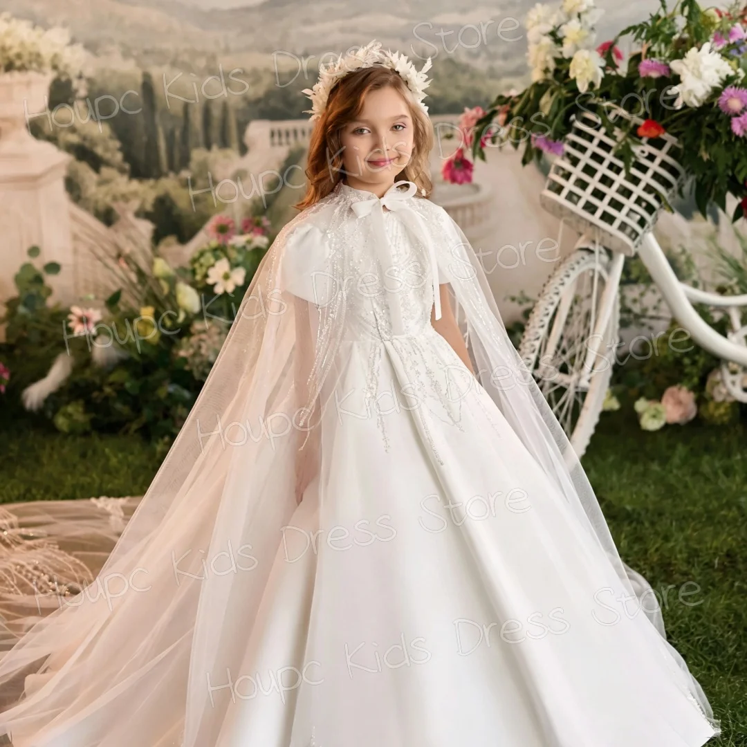 Custom White Tulle Flower Girl Dress for First Communion  Floral Crown Beaded Capelet A-Line Gown with Long Train &, Customizabl