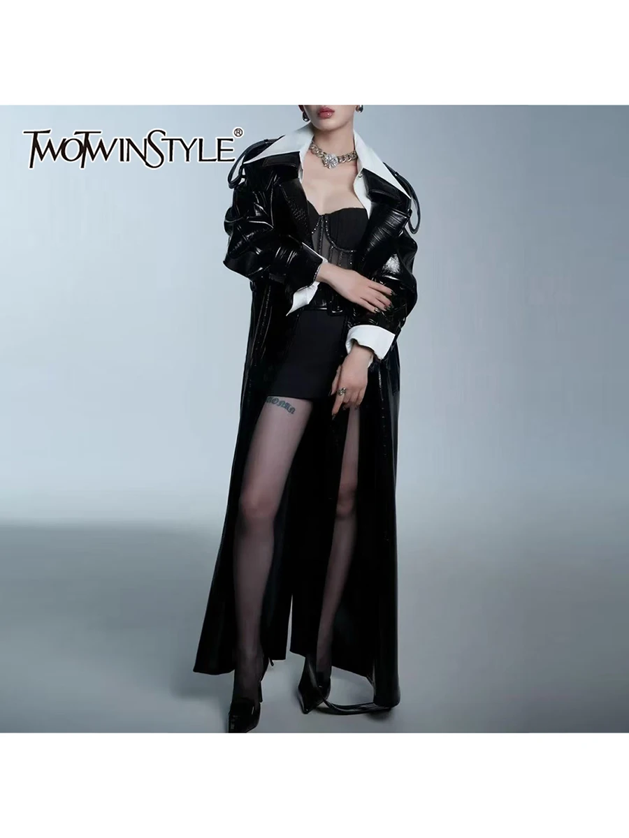 

TWOTWINSTYLE Fashion Slimming Spliced Lace Up Leather Jackets for Women Lapel Long Sleeves High Street Jacket Female Clothes New