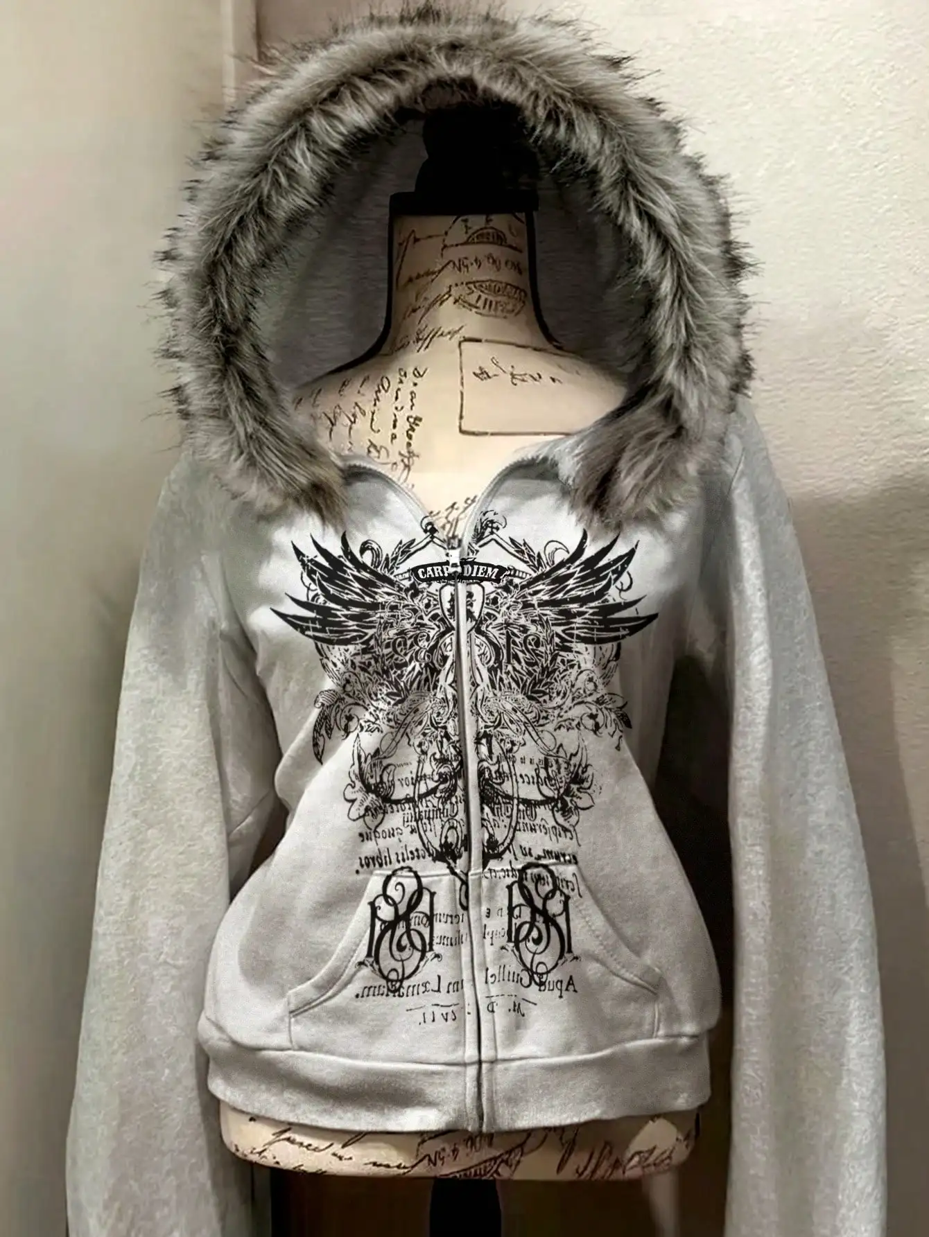 

Women's Gothic Wing Print Zip-Up Hoodie with Faux Fur Trim Hood, Streetwear Style