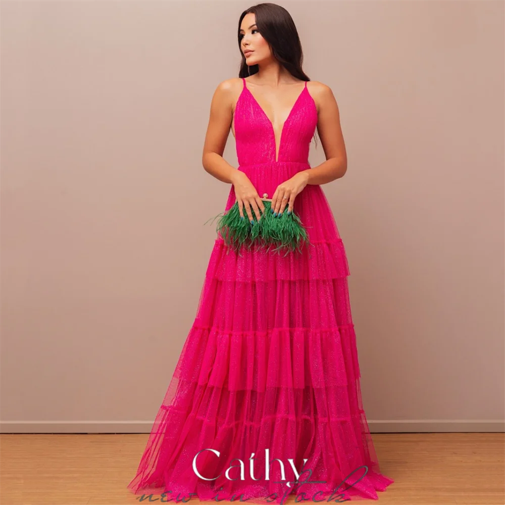 

Cathy Glitter Hot Pink Prom Dresses 2023 Shiny Multilayer Vestidos De Noche Sleeveless Prom Gown Sexy V-neck Fas Kaftan kadın