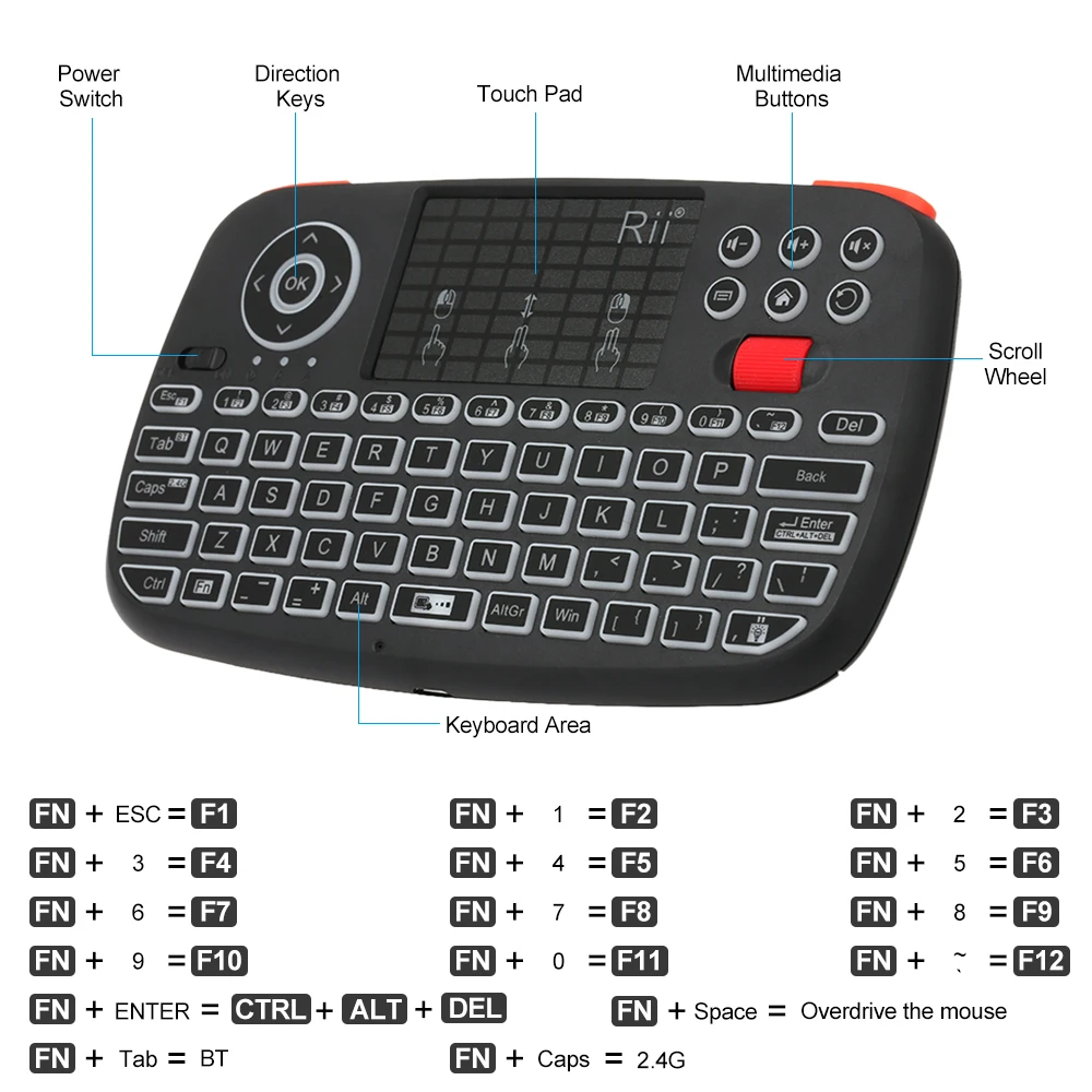 Rii Mini i4 2.4G Mini Keyboard Wireless Backlight Bluetooth Touchable Remote Control USB Receiver For Android Smart TV Box