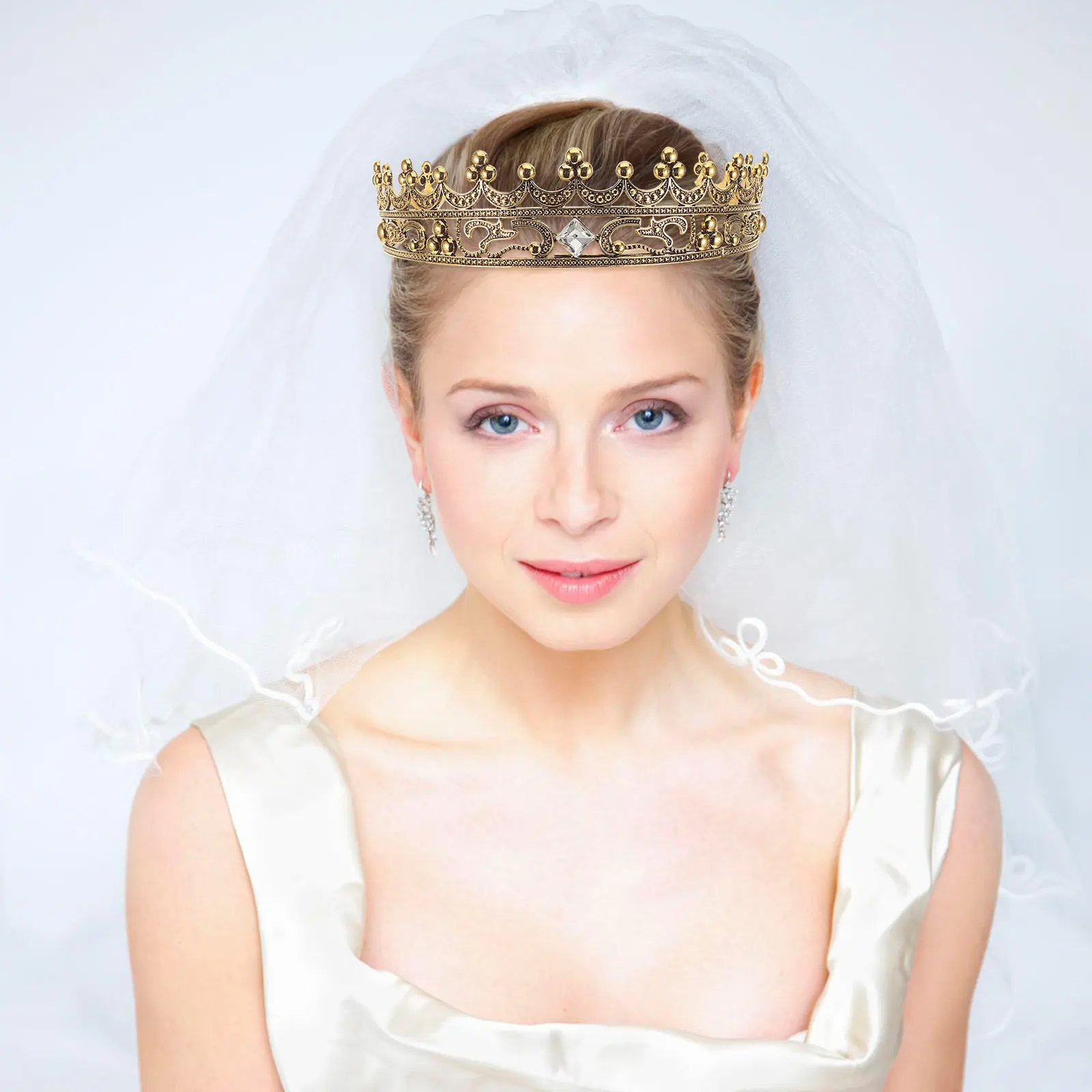 Goldtone Alloy Adult Crown Round King Crown Elegant Birthday Graduation Party Prom Costume Hair Jewelry Headwear for Women Men