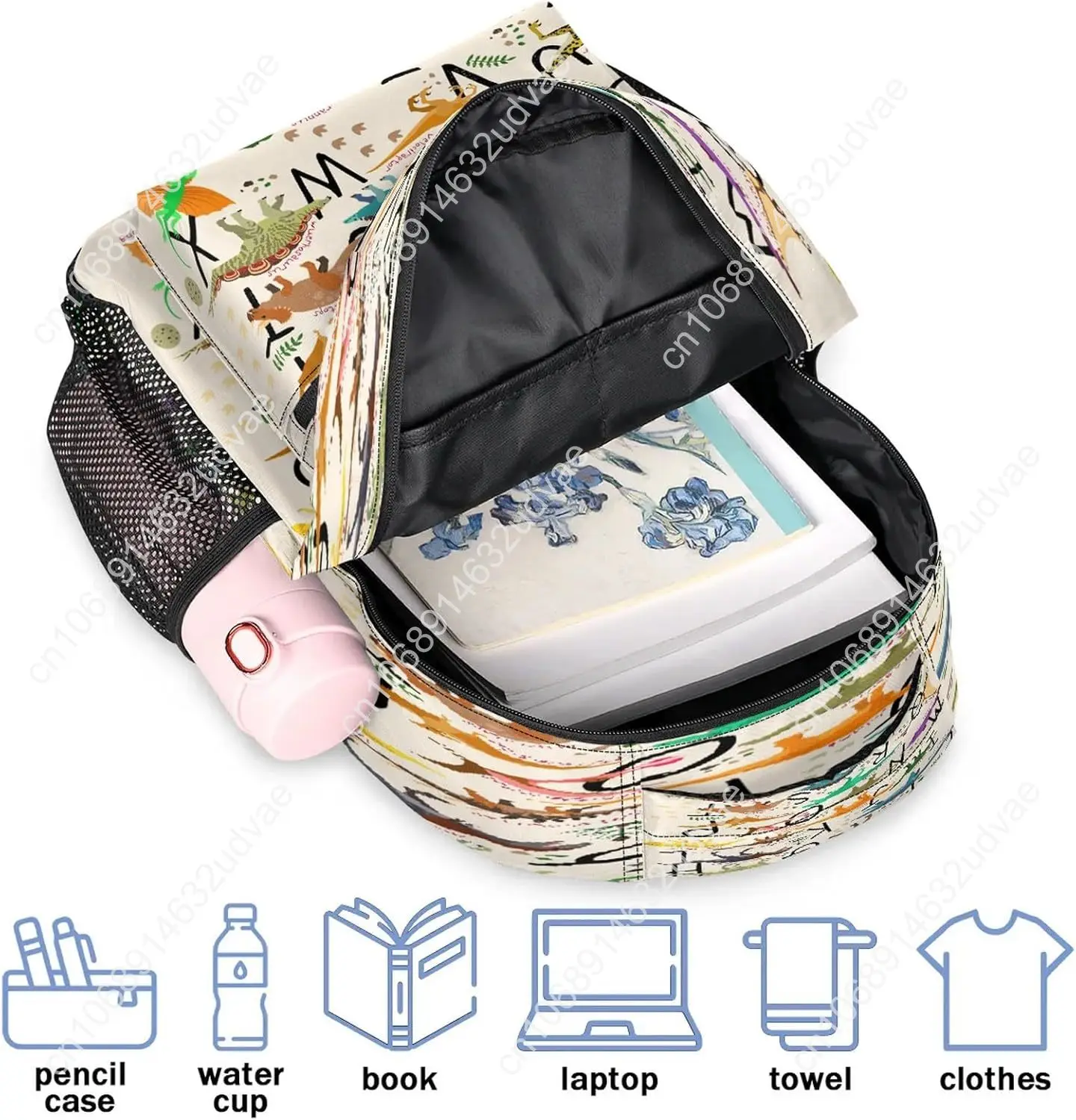 AUUXVA Alphabet Dinosaur Backpack for School Kids Girls Boys Education Letter Bookbag Laptop Backpack 14 Inch Travel Daypack Stu