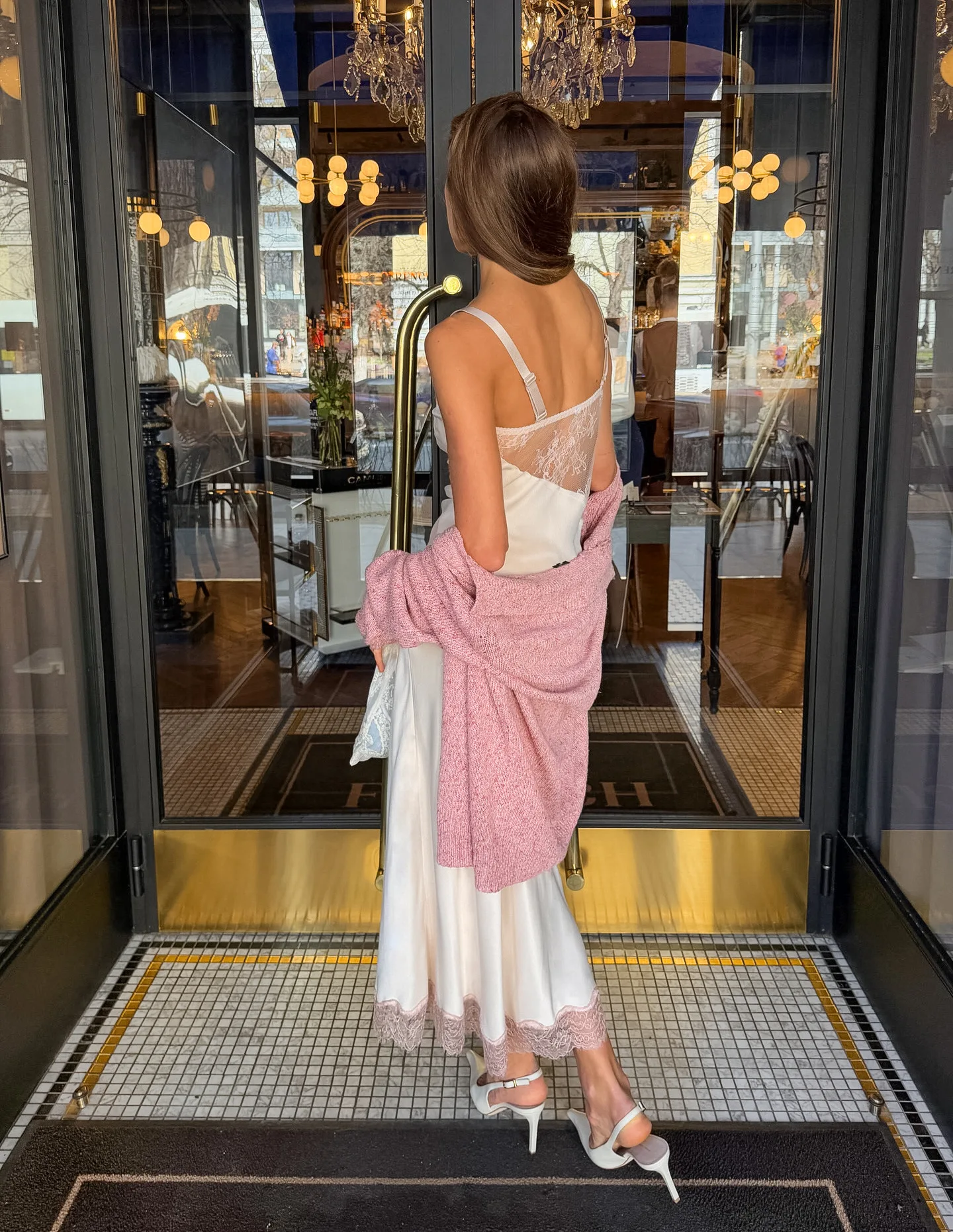 Women Pink Satin Two-piece Skirt Set V-neck Lace Trim Cami Top Asymmetrical Midi Skirt Elegant Coquette Date Trendy Outfits view 5