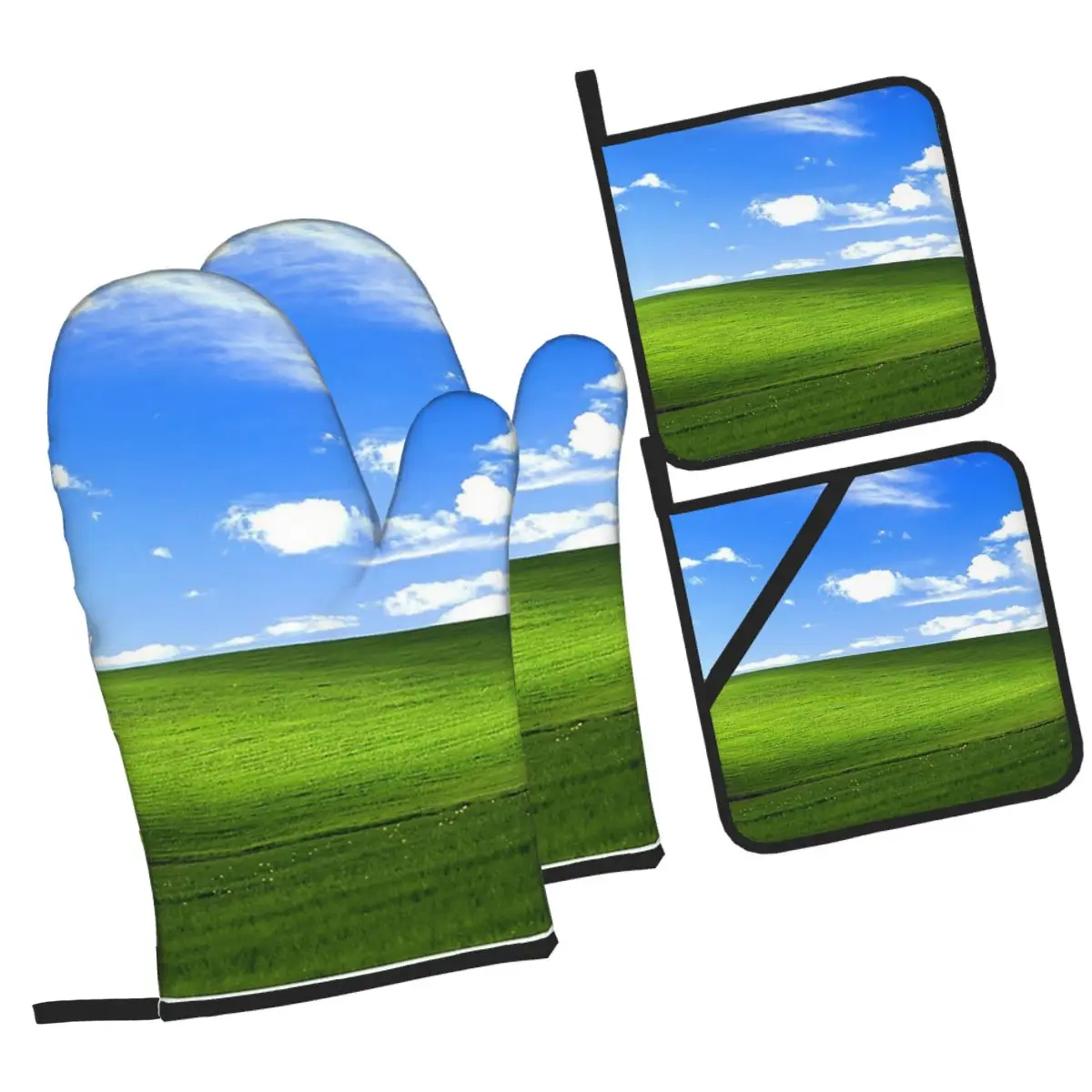 Windows XP Wallpaper Oven Mitts and Pot Holder Sets of 4 for Baking Kitchen Cooking Grilling Resistant Non-Slip Gloves