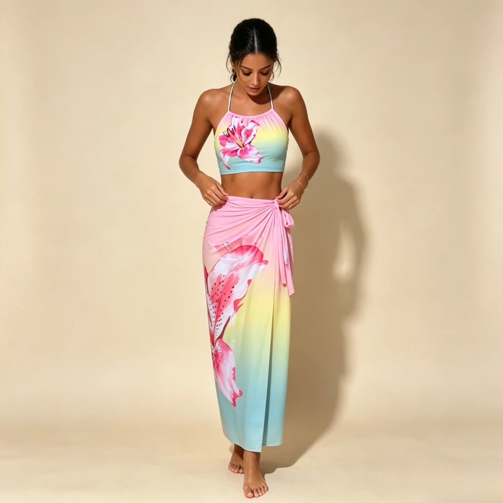 3PCS Floral Halter Bikini Set Spaghetti Strap Crop Top Side Tie Wrap Skirt Tropical Print Beach Cover Up Bathing Suit Swimwear