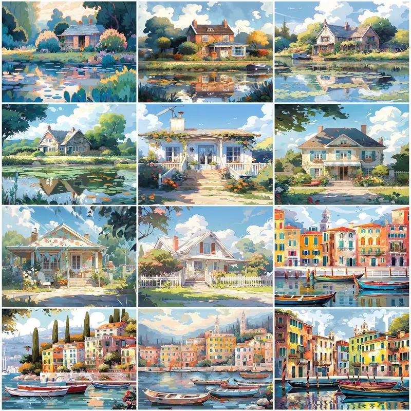 SDOYUNO Painting By Numbers Draw Arts Crafts Landscape Lake House Funky Canvas Wall Art Handicraft Home Decor Items