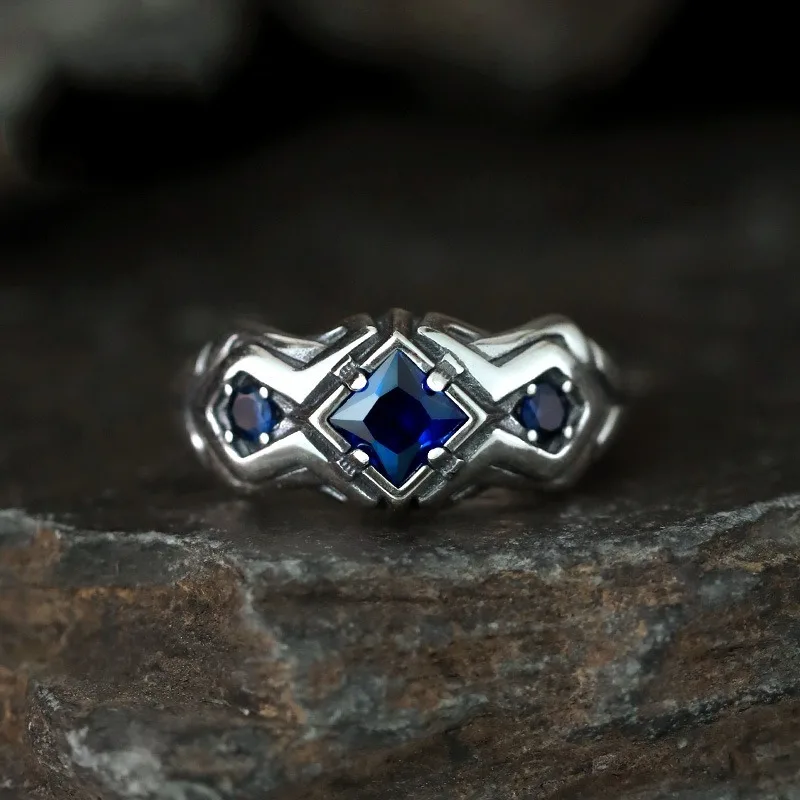 

New retro blue zircon ring for men, niche and unique open copper rings, anti allergic, High end holiday gift accessories
