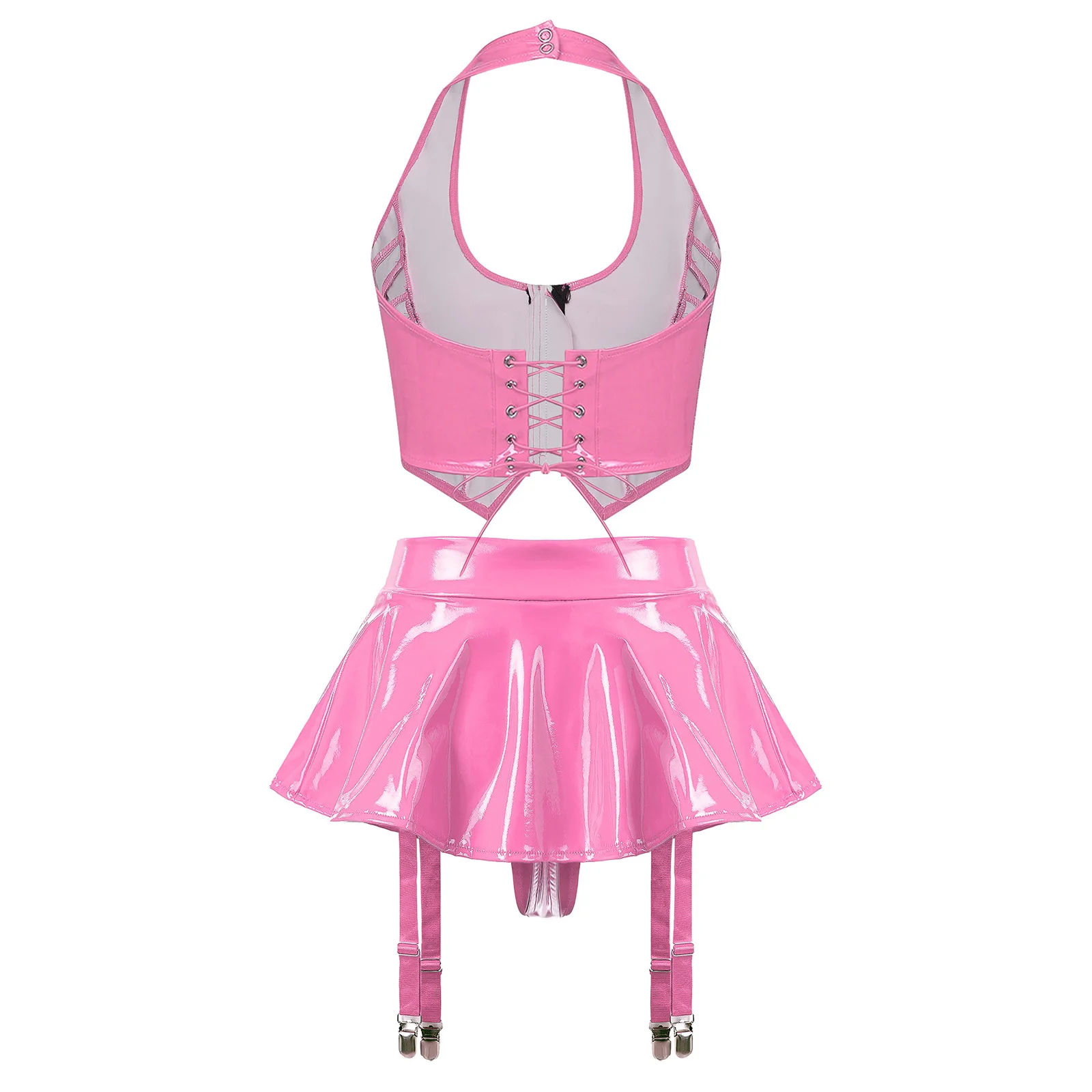 Women Wet Look PU Leather Costume Open Front Zipper Crop Tank Top with Mini Skirt Nightclub Rave Party Bar Pole Dance Clubwear
