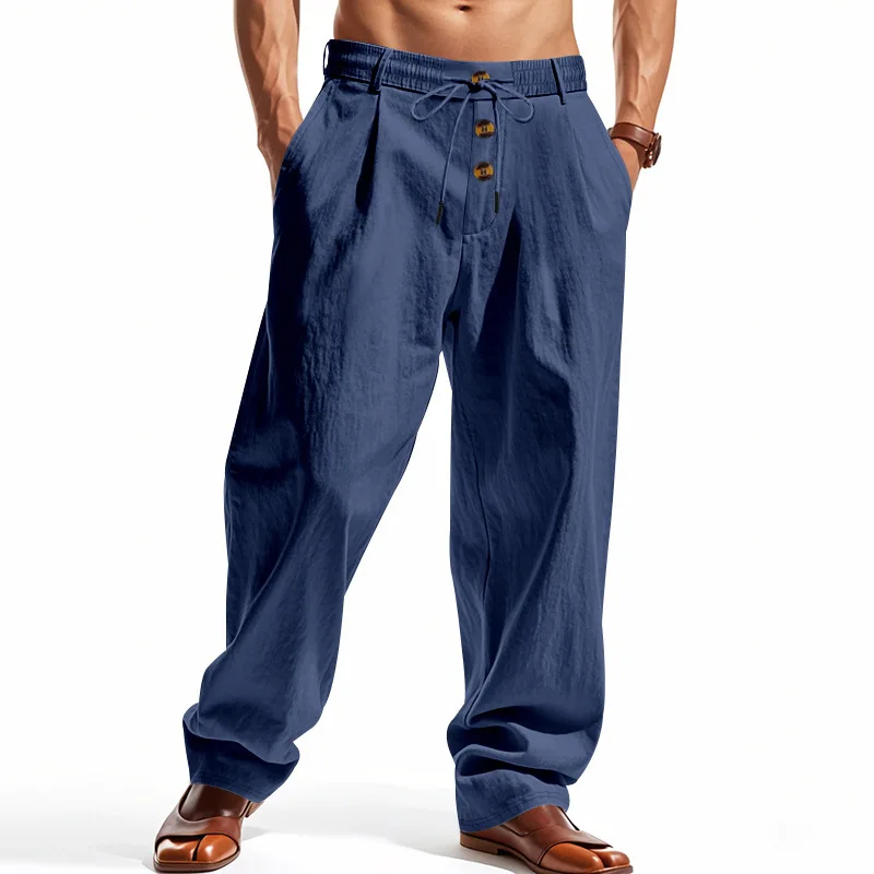 Herren Boho Leinenmischung Weite Hose mit Hoher Taille, Kordelzug, Knopfleiste, Lockerer Passform und Seitentaschen – Detail 9