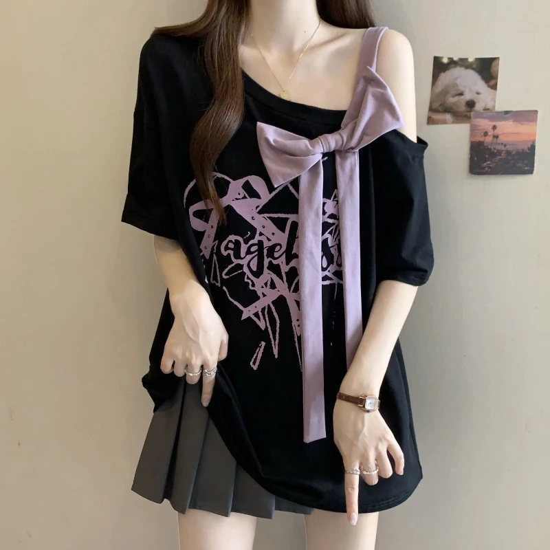 

Off Shoulder Bow Patchwork Loose Printing Trend Tops Summer New Short Sleeve Lazy Style T Shirts Casual Fashion Women Clothing