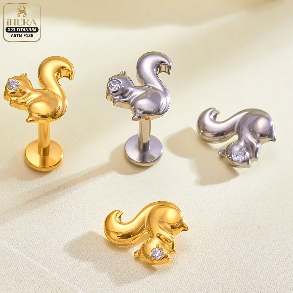 Cute Squirrel G23 Titanium Internal Thread Labret Stud Tiny Minimalist Lip Ring Cartilage Tragus Helix Lobe Ear Piercing Jewelry
