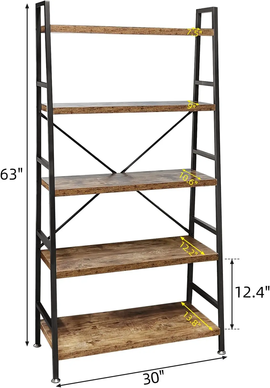 5 Tier Ladder Bookshelf Heavy Duty Rustic Brown Wood Metal Bookcase 12  Thick Shelves 63 H 30 W 14 Inch D Industri