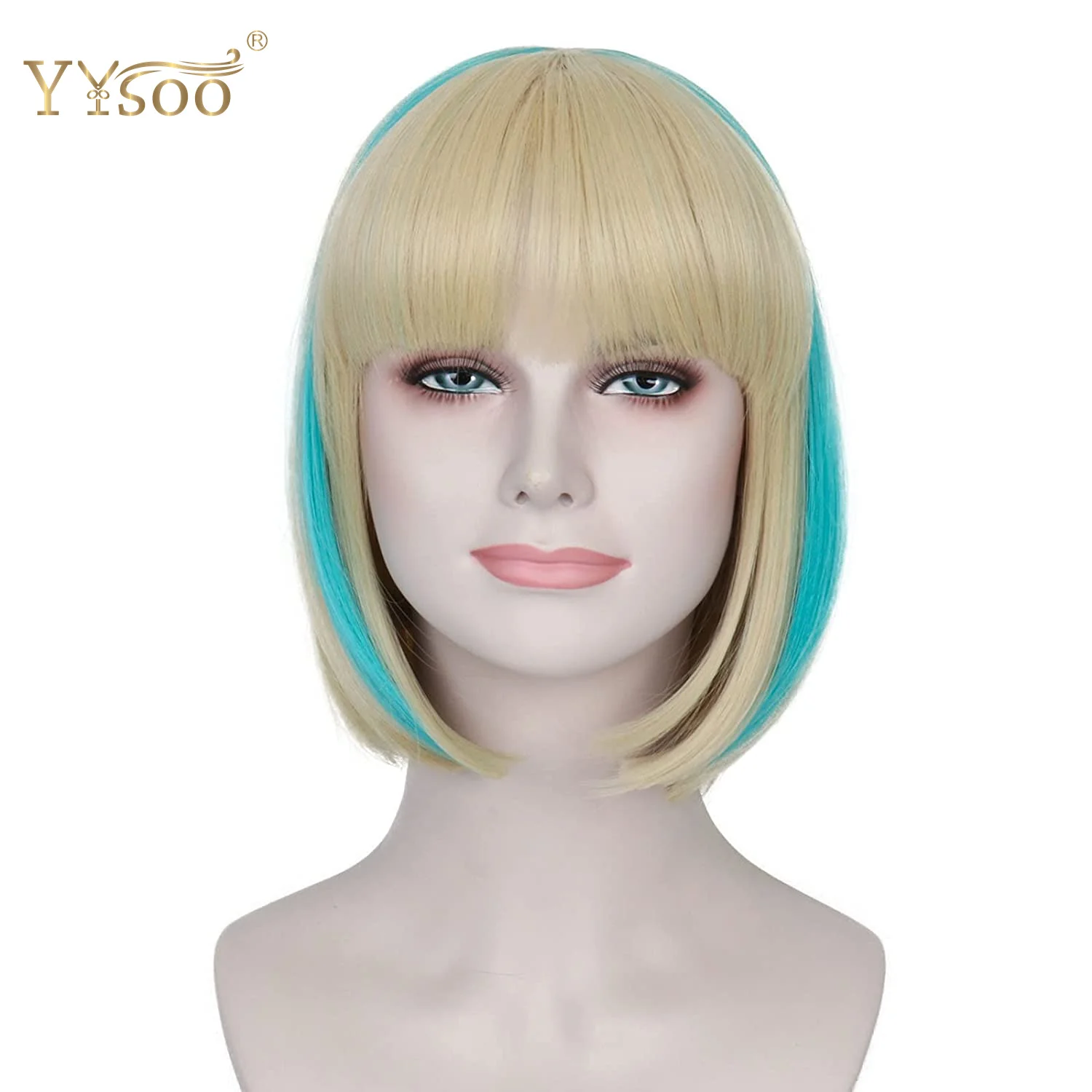 YYsoo Short  Bob Cut Cosplay Wigs For Women Silky Straight Synthetic Wigs with Bangs 613 Highlights Blue Heat Resistant Wig