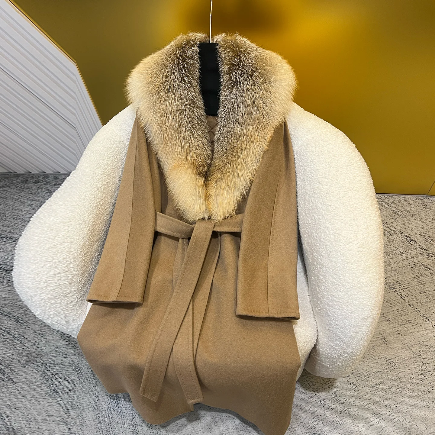 

Осень/зима модное двустороннее кашемировое пальто с воротником из лисьего меха, женская верхняя одежда средней длины из смесовой шерсти