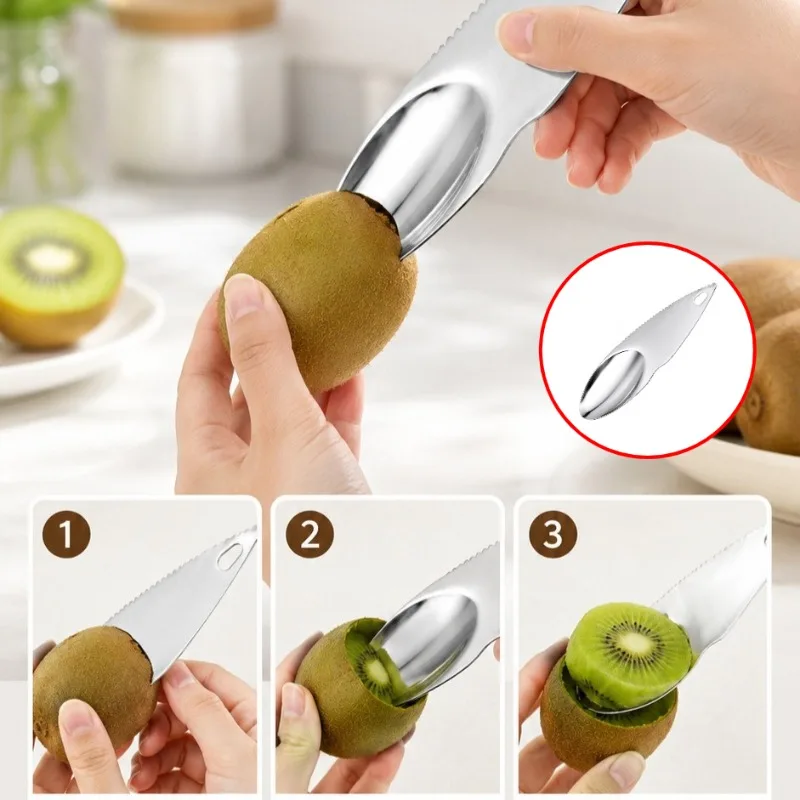 Stainless‑Steel Kiwi Fruit Peeler Scooper 2‑in‑1 Serrated‑Edge Cutter Spoon for Peeling Scooping Pulp Multifunctional Fruit Tool