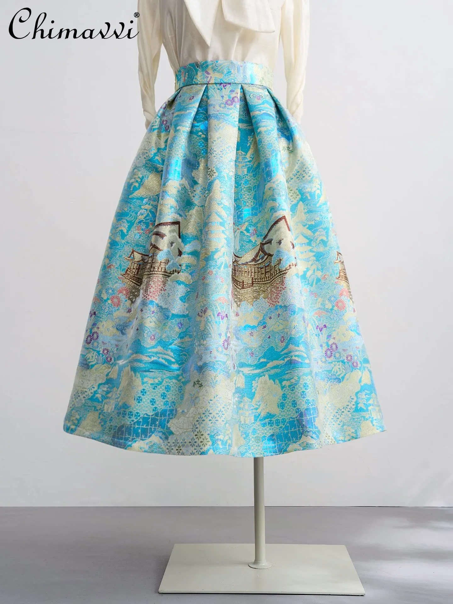 

French Elegant Retro Casual Jacquard Midi Skirt High Waist A-line Temperament Versatile Blue Pleated Long Skirts Women Summer