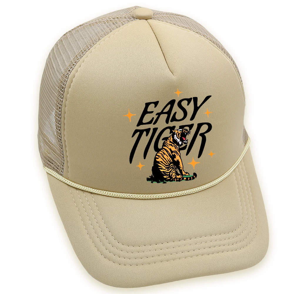 Easy Tiger Trucker Hat Cowgirl Tiger Roar Baseball Cap Summer Beach Woman Mesh Cap Adjustable Buckle Unisex