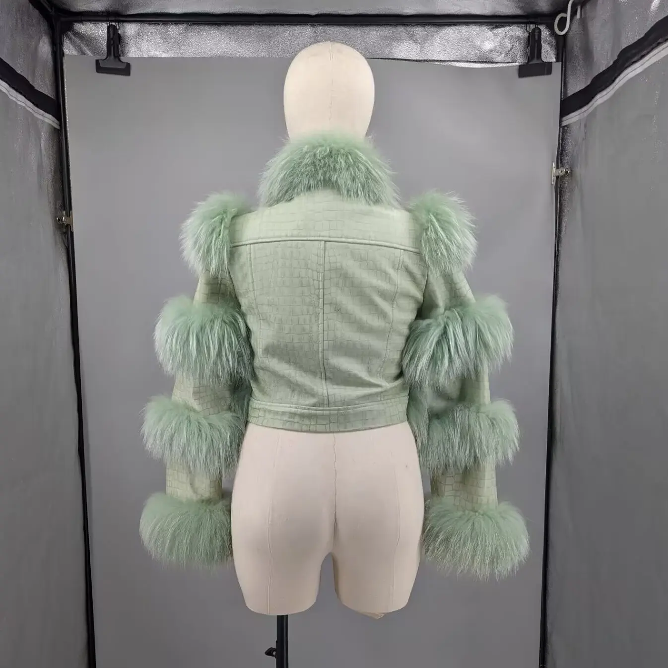 Women Mint Mambo Green Snake Print Real Sheepskin Moto Jacket Short Full Real Fox Fur Trim Collar Front Cuff Diagonal 23A0413