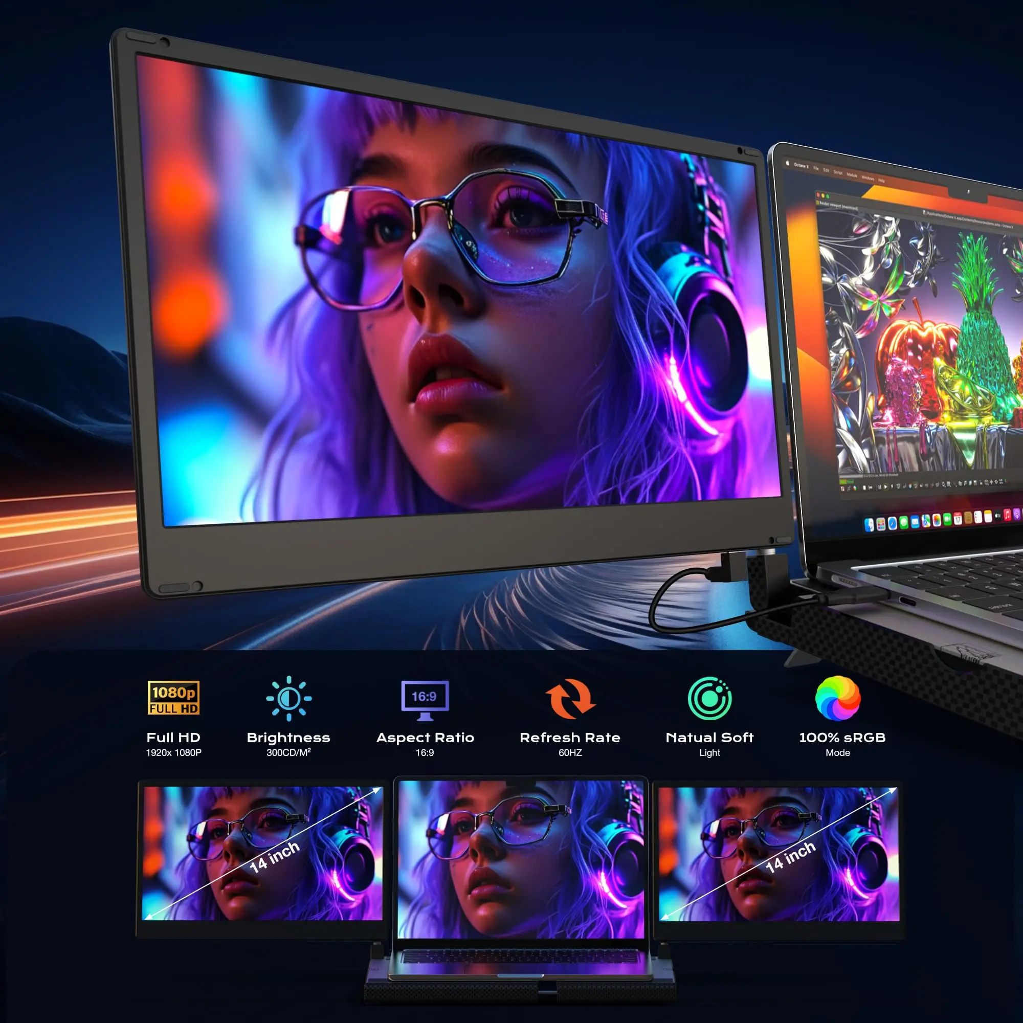 Для Mac/Wins/Chrome 14-дюймовый ЖК-дисплей Plug Play IPS, легко складной, с несколькими дисплеями, USB C, удлинитель экрана ноутбука