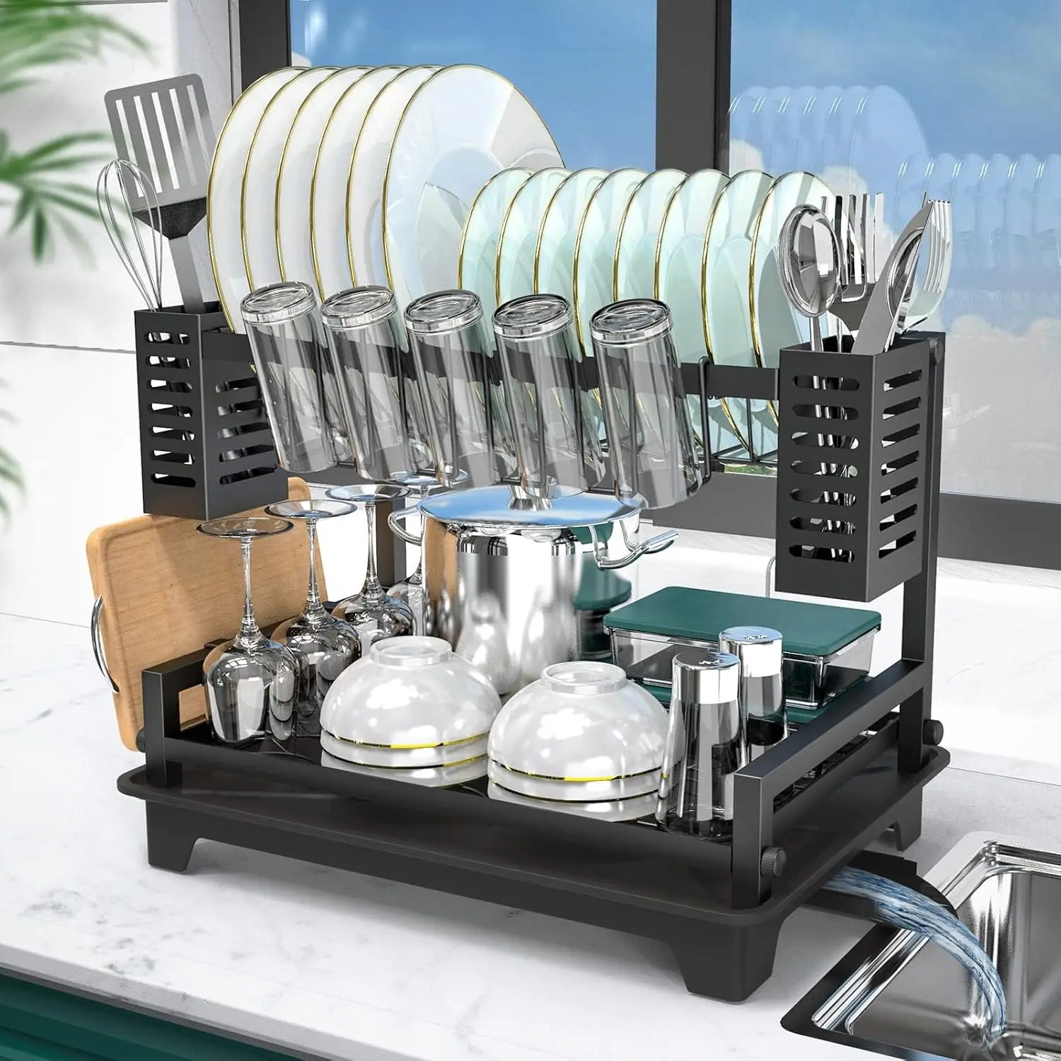 

Dish Drying Rack: 2 Tier Dish Racks for Kitchen Counter and Sink - Large Dish Drying Rack with Drainboard & Utensil Holders -