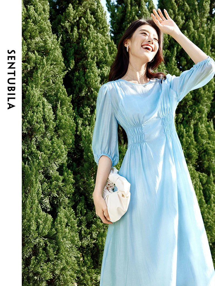 SENTUBILA Summer Three Quarter Sleeve Dresses Sets 2024 Summer Round Neck A-line Dress Camisole Dress 2 Piece Set 142L54138