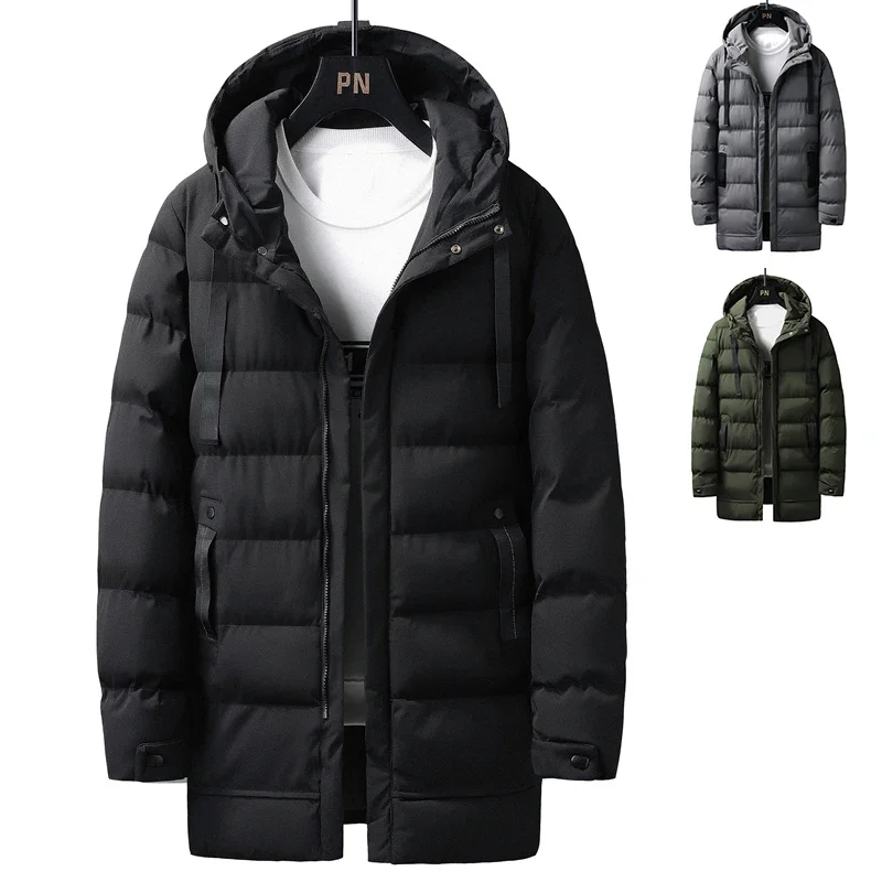 Men Mid Length Hooded Padded Coat Winter Teenagers Warm Cotton Jacket Windproof Waterproof Casual Thick Men Outerwear