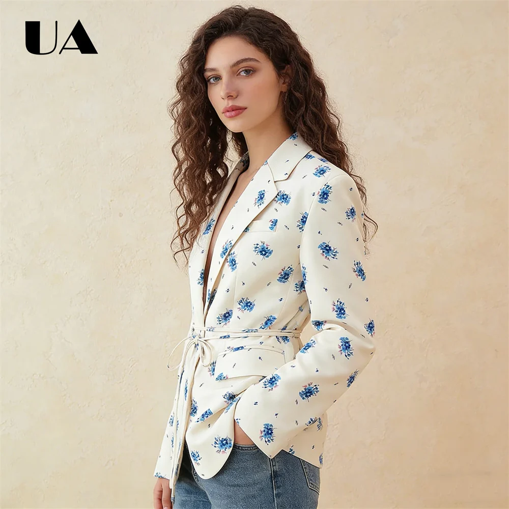 Blazer floral bleu crème à manches longues, veste à revers, ceinture à nouer à la taille, élégant, décontracté, blazer de travail, mode printemps été floral