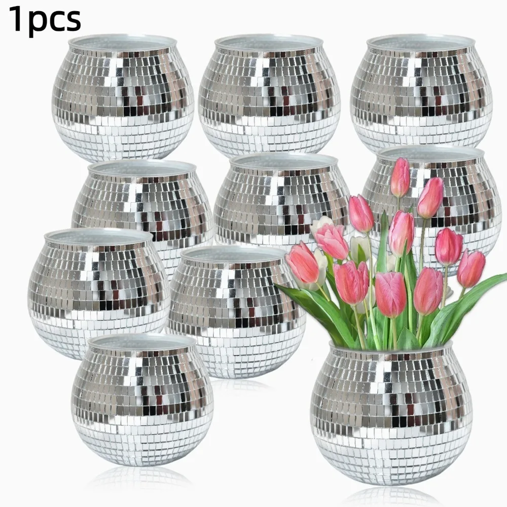 Quality Disco Ball Flower Pot Home Decoration Silver Mirror Glass Flower Vase Round Disco Ball Plant Holder Home