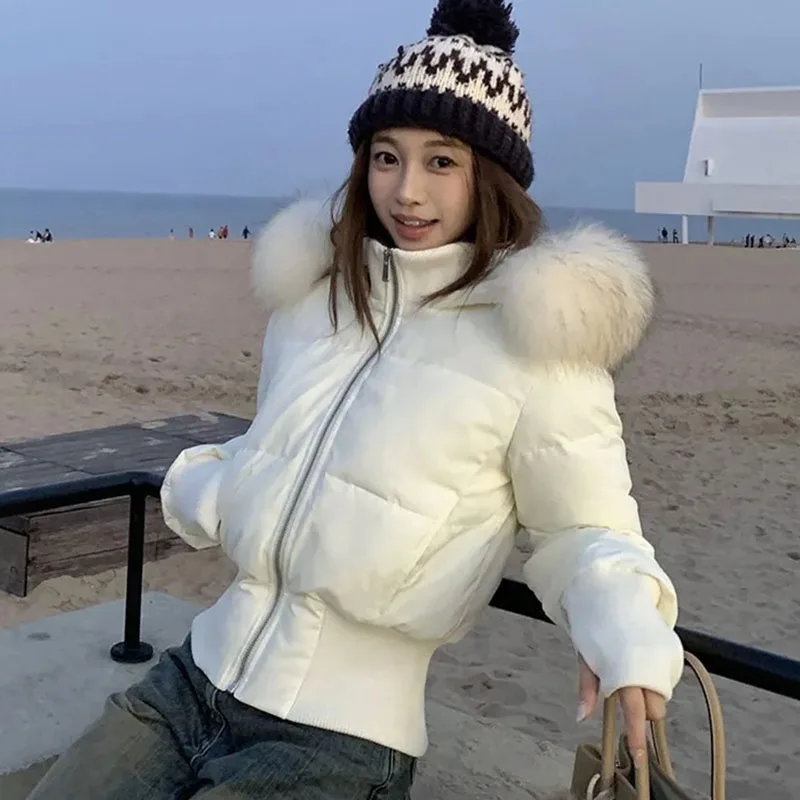 Korean Women Fashion Short Cotton Padded Coat Ladies Big Fur Collar Down Cotton Jacket Winter Female Long Sleeved Parkas Outwear