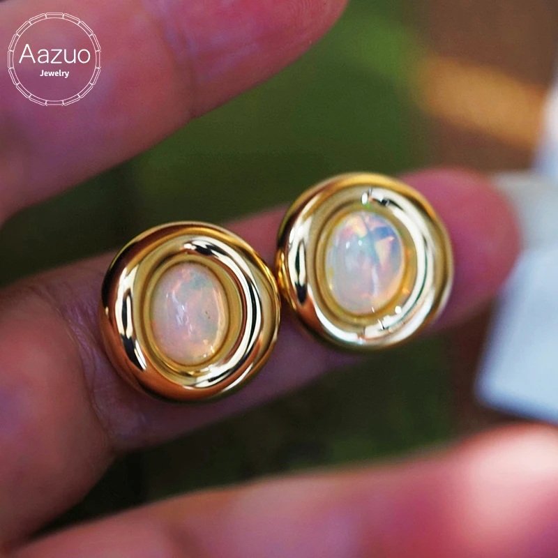 Aazuo-Jóias Azul Natural Opala para Mulheres, Brinco Oval de Ouro 18K Amarelo, Presente do Dia Dos Namorados, Corrente Ligação, Original, Au750