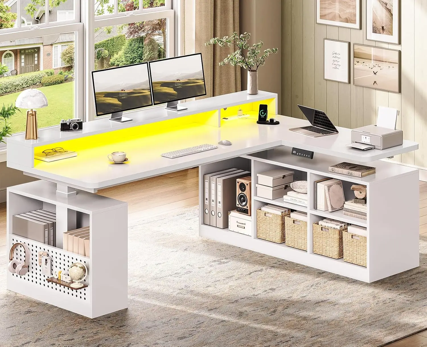 L Shaped Electric Height Adjustable Standing Desk with Storage & Monitor Riser, Customized