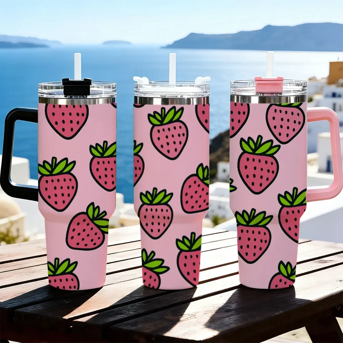 40oz Tumbler with Handle Cute Cartoon Strawberry Fruit Print Insulated Cup, Other colors sold out, random black or white shipment for other color orders