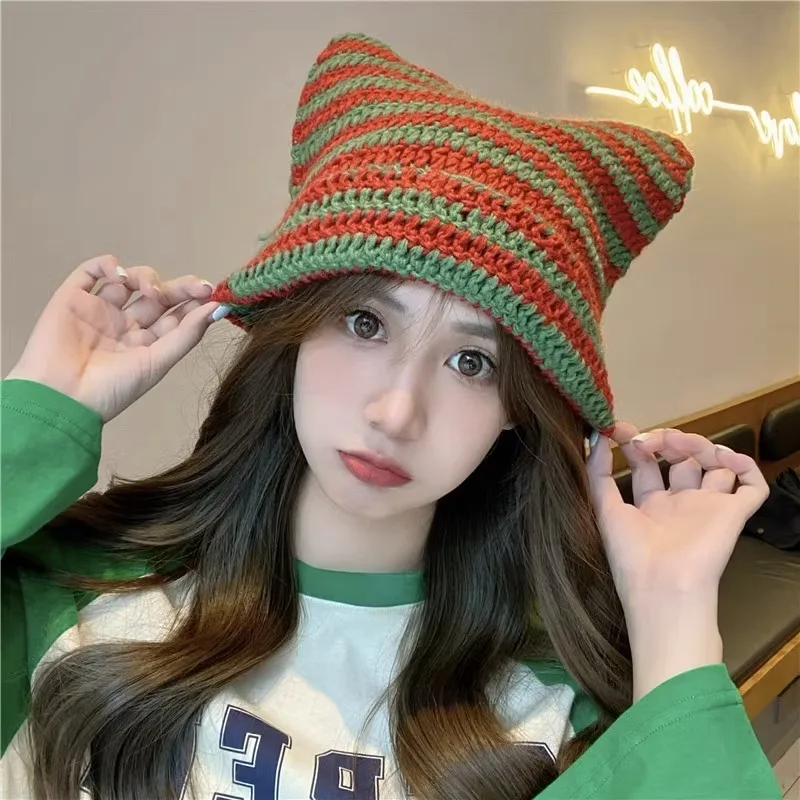 Autumn Winter Hats New Japanese Streetwear Harajuku Beanie Little Devil Striped Knitted Hat Women Girls Cute Cat Ears Cap