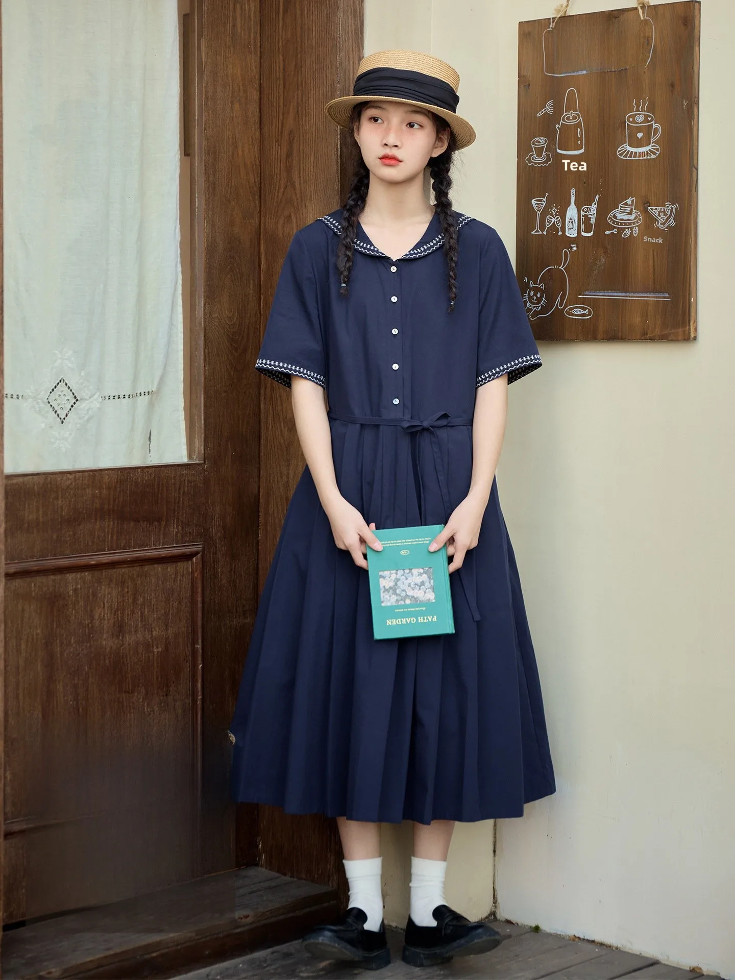 

Original Japanese Style Naval Collar Pleated Cotton Summer Casual Dress Women's Loose Fit Midi Skirt Breathable Comfortable