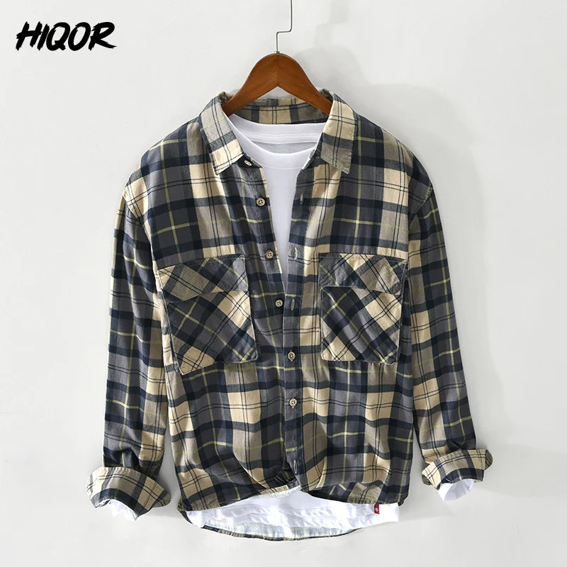 

HIQOR 2023 100% Cotton Men Casual Plaid Shirt High Quality Camouflage Long-sleeved Chest Pocket vintage Design Tops Male Shirts