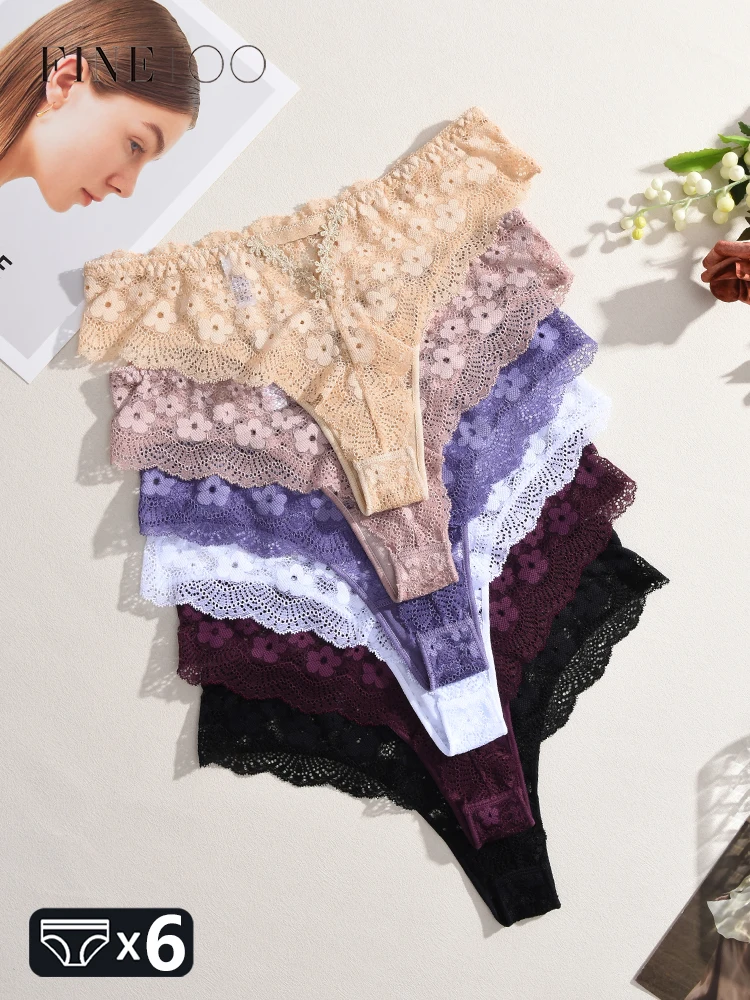 FINETOO 6Pcs Women Lace Floral Underwear Sexy Hollow Out Thongs Breathable Low Waist Panties Girls Invisible Stretchy Lingerie