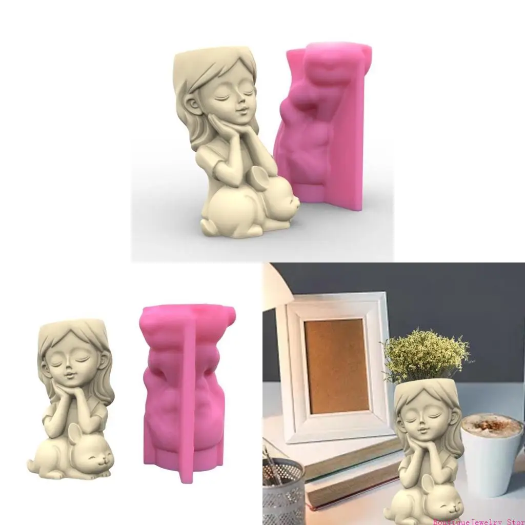 E1PE Girl Gypsum Silicone Mold Diy Succulents Concrete Flower Pot Vase Plaster Cement Mold Clay Mold Holder Mold