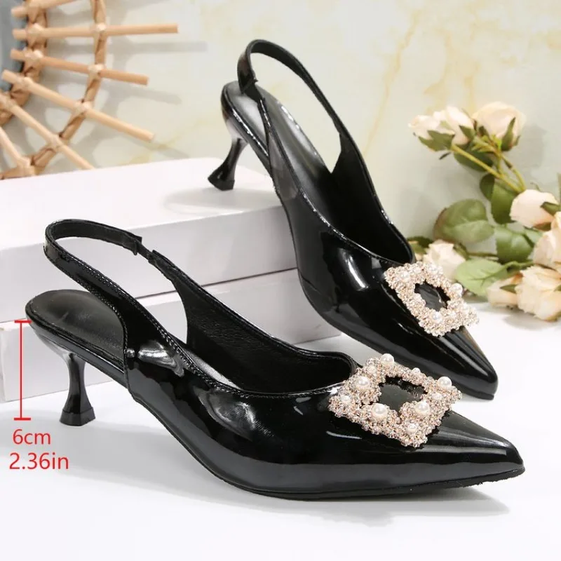 Sandalias de tacón alto con punta en pico y hebilla cuadrada de diamantes de imitación, de una sola tira envolvente, para mujer, Green Mile 2026, novedad de verano, zapatos frescos