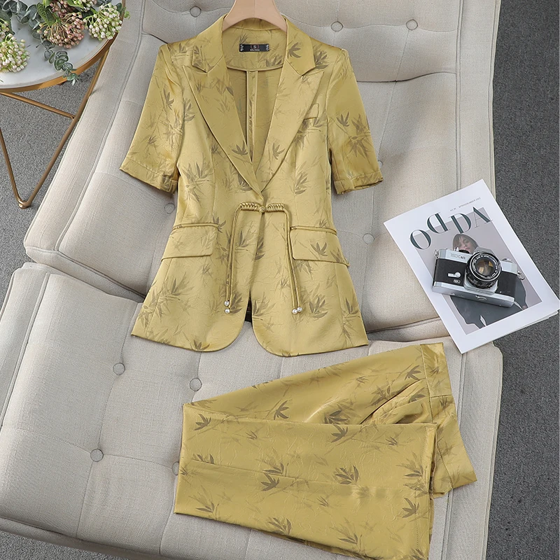 Summer Women Pant Suit Yellow Pink Brown Office Ladies Female Business Work Wear 2 Piece Set Formal Blazer Jacket And Trouser